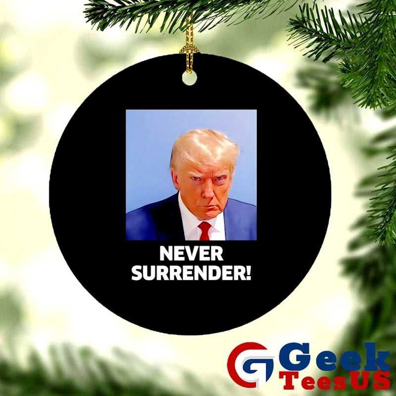 Trump never surrender mugshot in Koria shirt