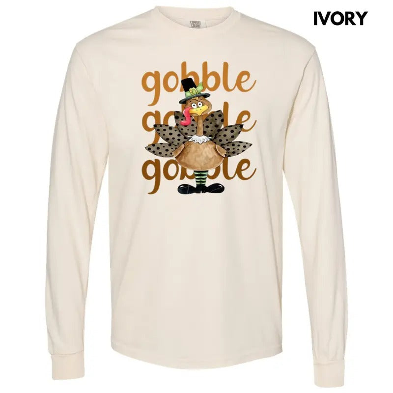 Turkey Gobble Gobble Long Sleeve Comfort Colors T-Shirt Hoodie, Sweatshirt | HypeDripTees.com