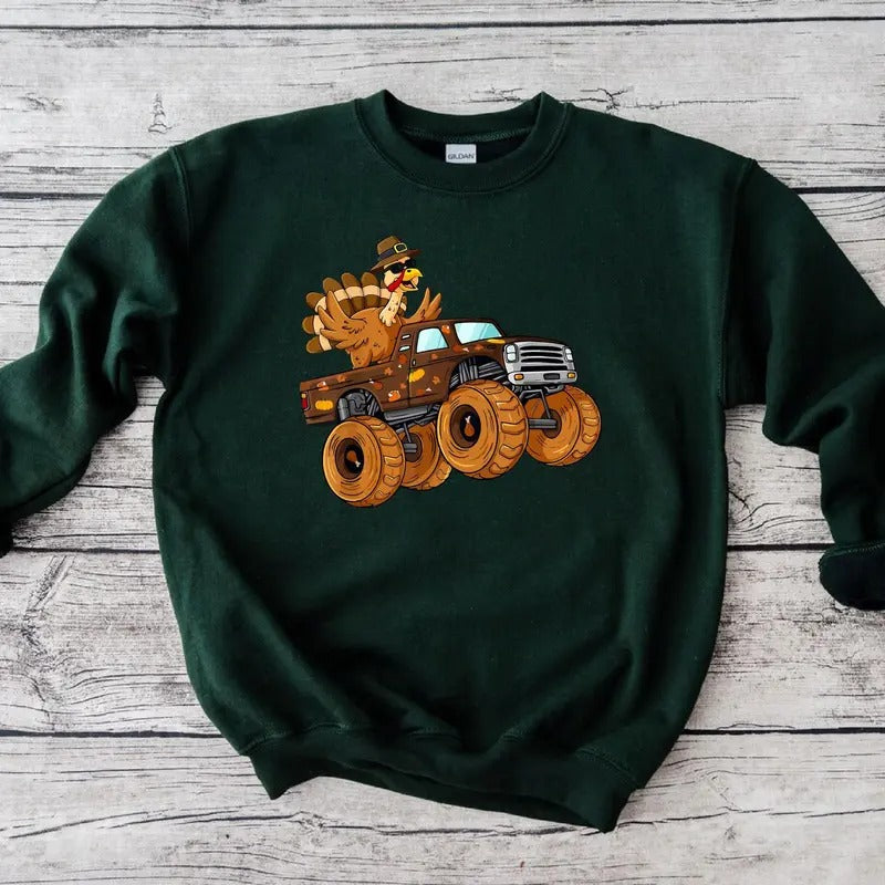 Turkey Riding Monster Truck Sweatshirt, Boys Thanksgiving Shirt, Funny Turkey Day Sweater, Thankful Hoodie | HypeDripTees.com