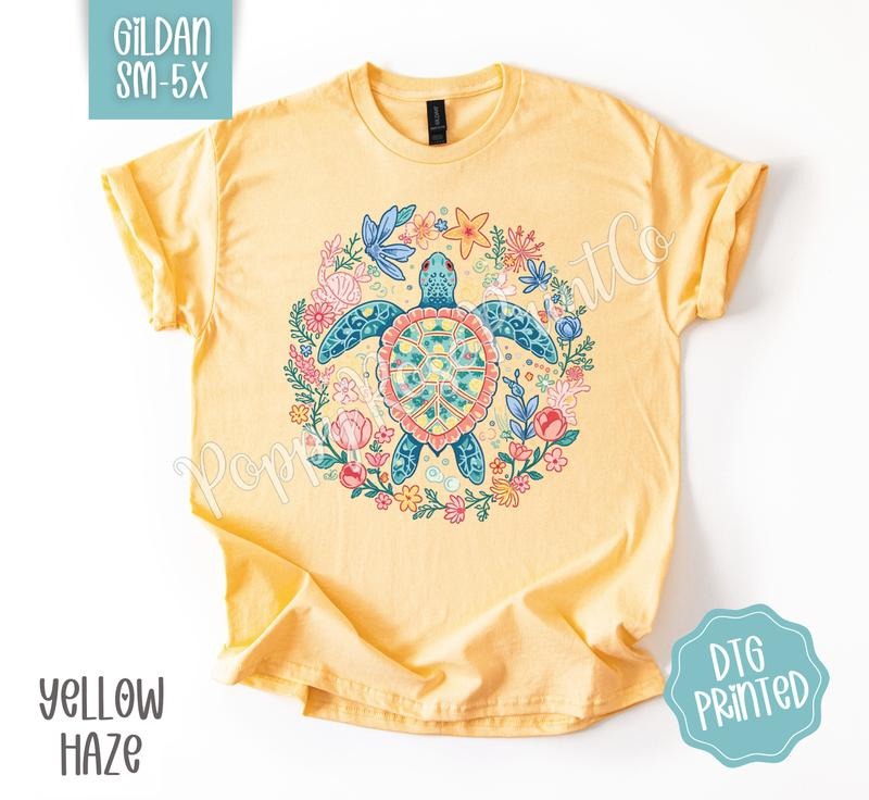 Turtle Gildan Shirt, Cute Summer Floral Tshirt, Trendy Beach Tee, Gift for Her Hoodie, Sweatshirt | HypeDripTees.com
