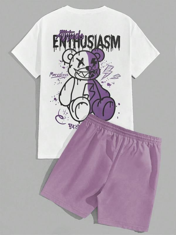 Two-Piece Set Men's Bear Print Short Sleeve Tee & Shorts Set, Regular Fit Casual Round Neck T-shirt & Shorts, Men's...