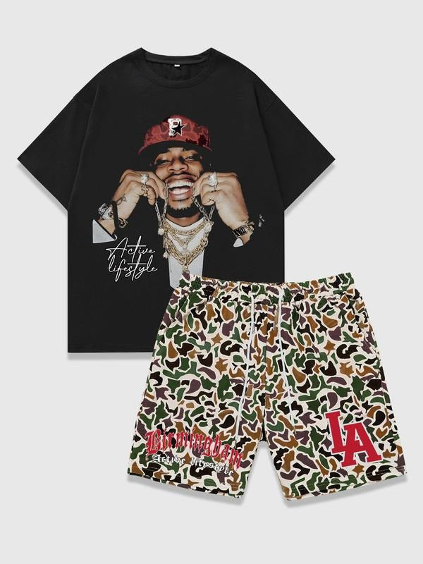 Two-Piece Set Men's Letter & Tree Print Short Sleeve Tee & Camo Print Shorts Set, Regular Fit Casual Fashion Round Neck...