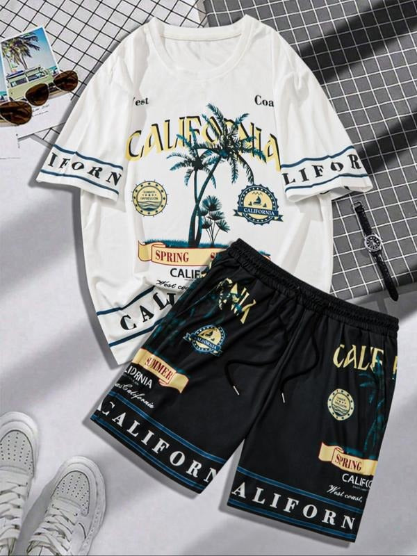 Two-Piece Set Men's Letter Graphic Tee & Shorts Set, Regular Fit Casual Short Sleeve T-shirt & Shorts, Men's Summer...