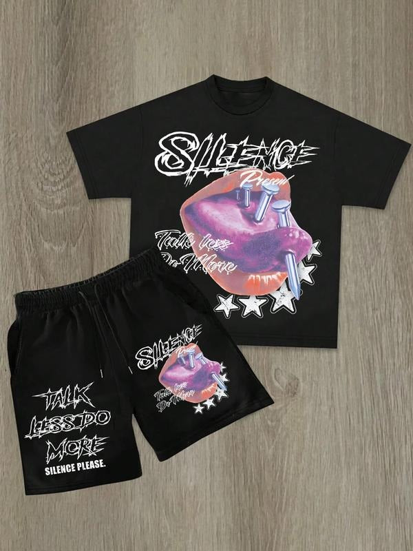 Two-Piece Set Men's Letter Print Short Sleeve Graphic Tee & Shorts, Regular Fit Casual Round Neck T-shirt & Shorts, Men's...