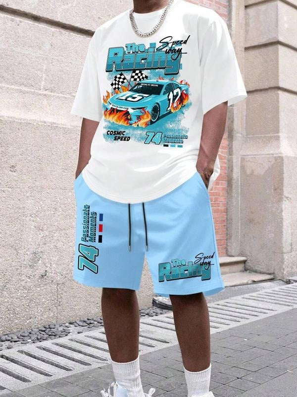 Two-Piece Set Men's Racing Graphic Tee & Shorts, Regular Fit Casual Short Sleeve T-shirt & Track Shorts, Summer Clothes...