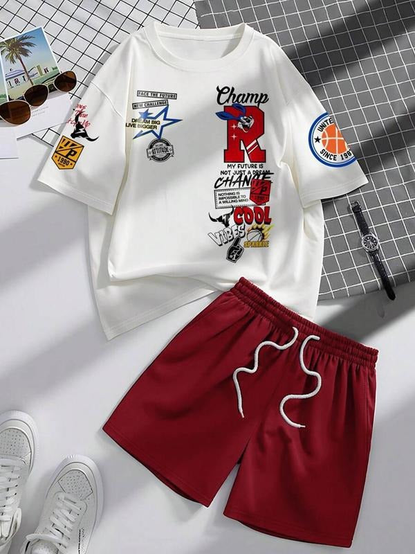 Two-Piece Set Men's Regular Fit Graphic Short Sleeve Tee & Shorts, Casual Round Neck T-shirt & Track Shorts, Summer...