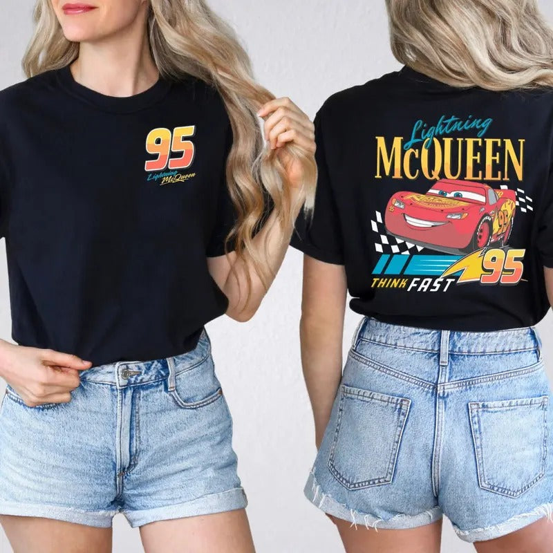Two Sides Retro Cars Unisex T-Shirt, Lightning 95 Piston Cup T Shirt Comfort Fabric Hoodie, Sweatshirt | HypeDripTees.com