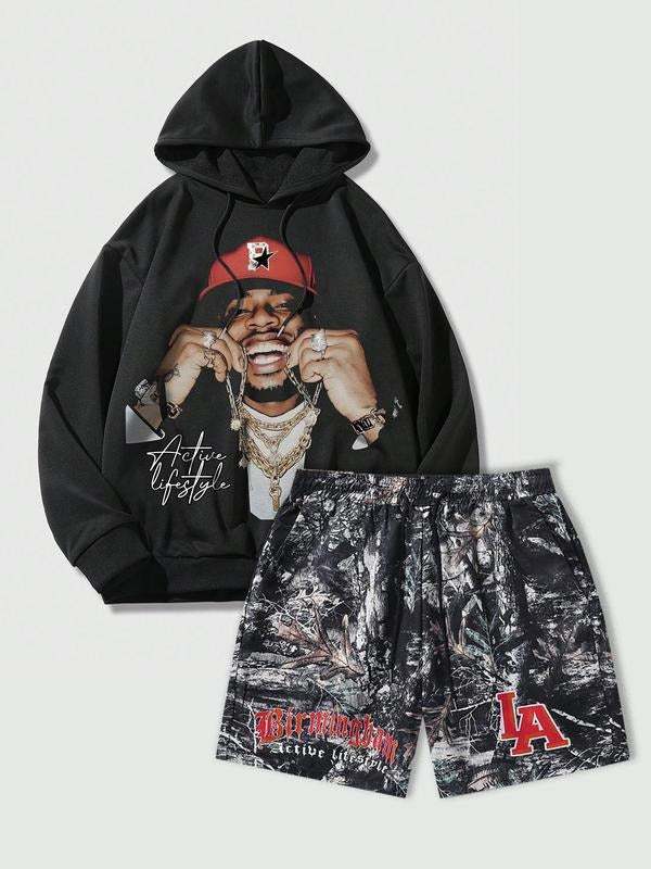 Two-piece Set Men's Letter Print Drop Shoulder Hoodie & Elastic Waist Shorts Set, Fashion Casual Regular Fit Drawstring...