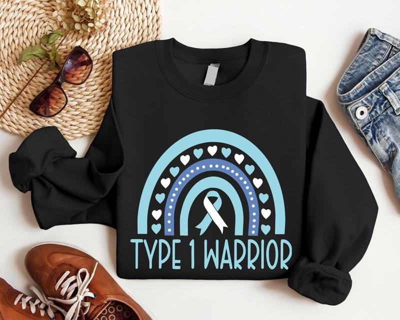 Type 1 Warrior Sweatshirt, Diabetes Rainbow Sweater, Unisex Diabetes Awareness Hoodie, Blue Ribbon Sweater, Matching...