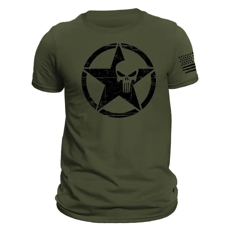 US Star Skull Distressed Design With Flag on Sleeve Men's T-Shirt Hoodie, Sweatshirt | HypeDripTees.com