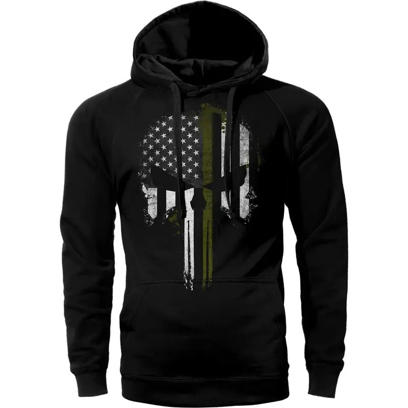 US Thin Green Line Flag Skull Army Hoodie Sweatshirt Cotton Fabric T-Shirts | HypeDripTees.com