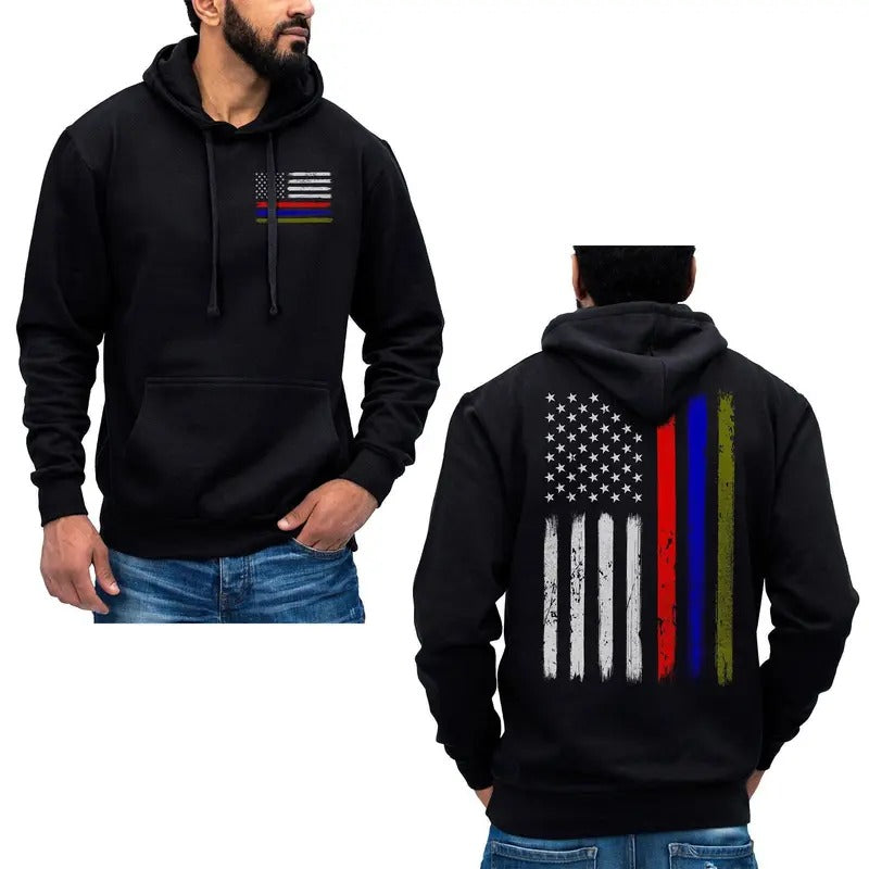 US Thin Red Blue Green Line Flag Hoodie Sweatshirt Firefighter Police Army Cotton Fabric T-Shirts | HypeDripTees.com