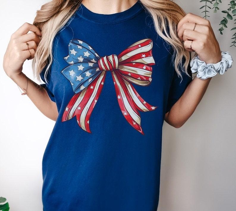 USA Bow Coquette Shirt, American Bow T-Shirt for July 4th, Women's USA Shirt Gift, Memorial Day Tee, Patriotic Coquette...