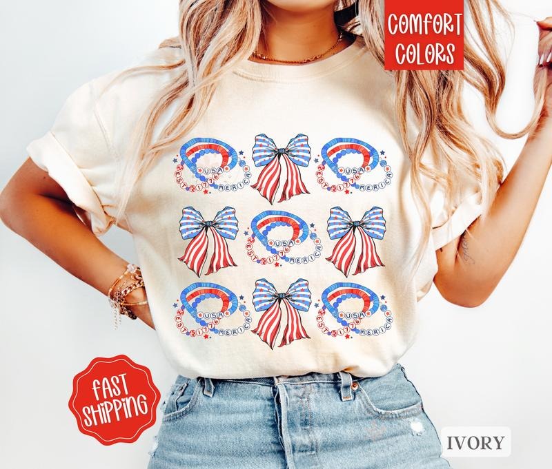 USA Bow Shirt Comfort Colors, USA Friendship Bracelet Tee, America Shirt for July 4th, Memorial Day Shirt, USA Shirt,...