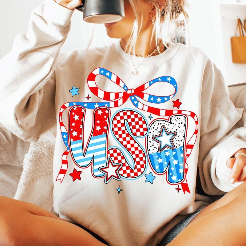 USA Coquette Sweatshirt 4th of July Red White Blue Stars Bow Retro Girl Shirt Patriotic USA Crewneck 100% Cotton Hoodie