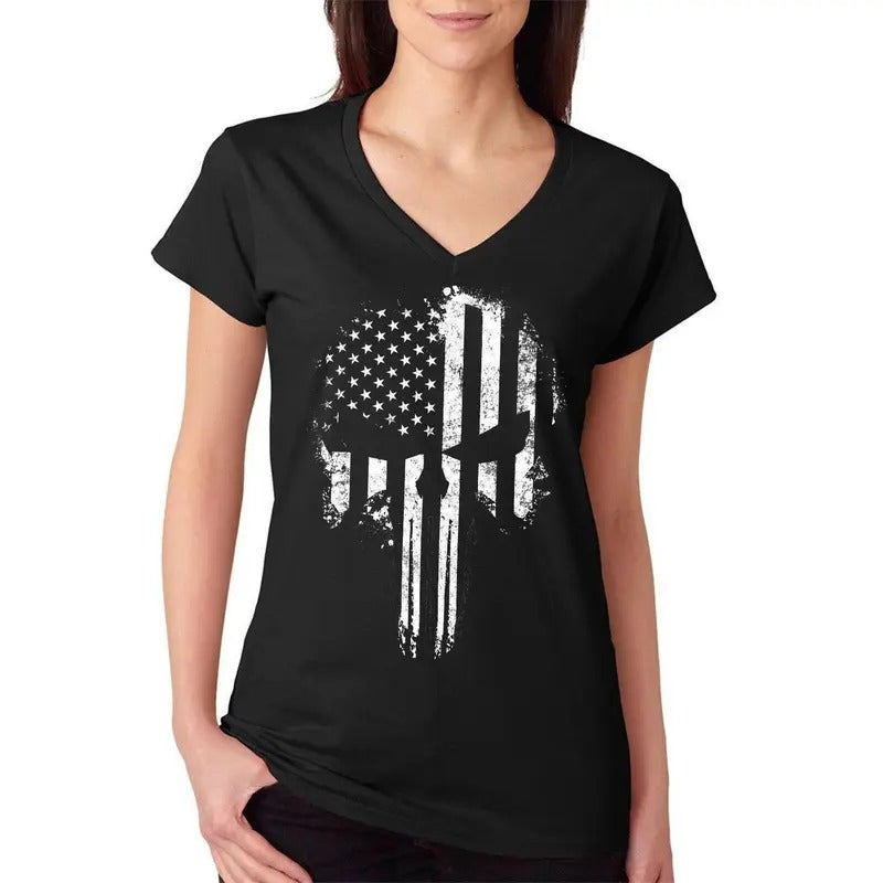 USA Flag B&W Skull Women's V-Neck T-Shirt Hoodie, Sweatshirt | HypeDripTees.com