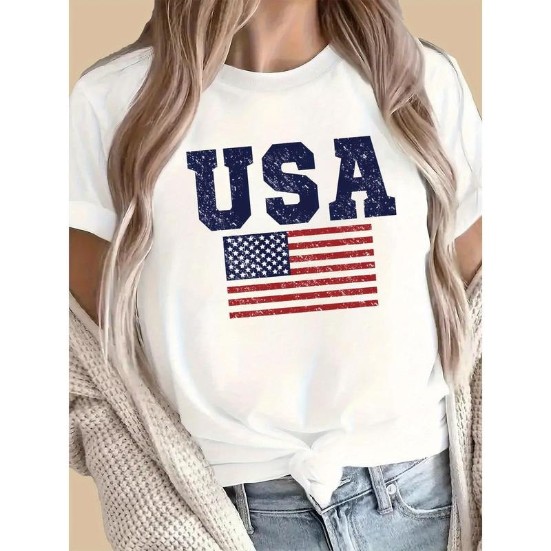 USA Flag Printed Crew Neck T-shirt, Spring& Summer Casual Short-Sleeved Top, Women's Clothing Hoodie, Sweatshirt