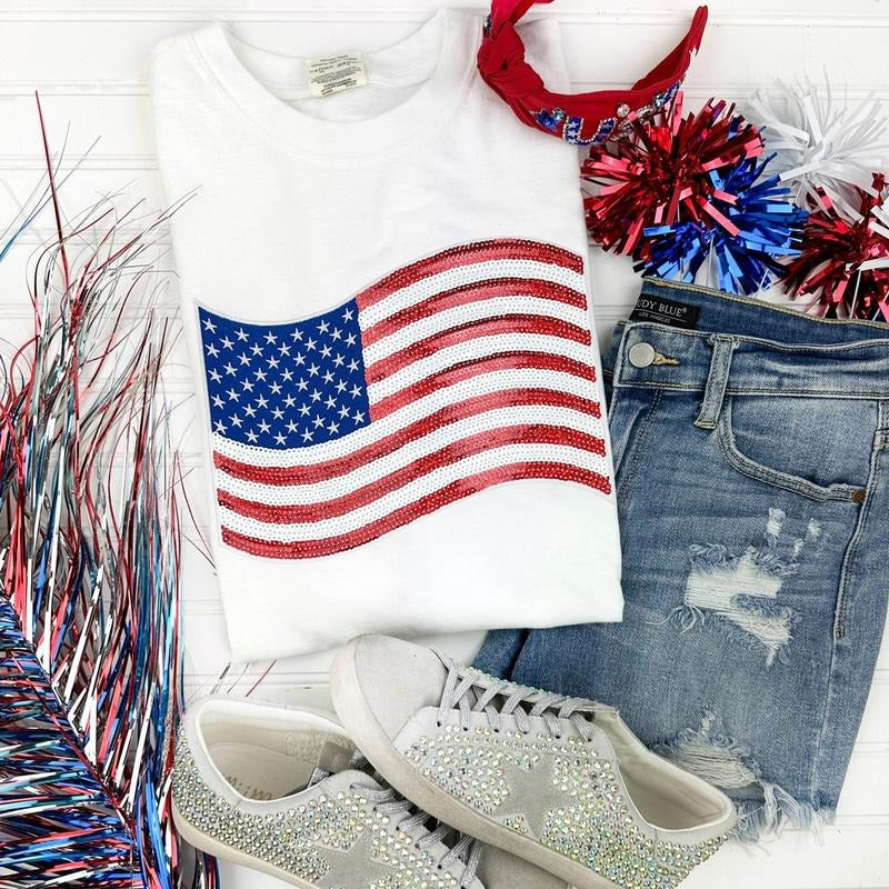 USA Flag Sequin Patch Comfort Colors T-Shirt -- WHITE Hoodie, Sweatshirt | HypeDripTees.com