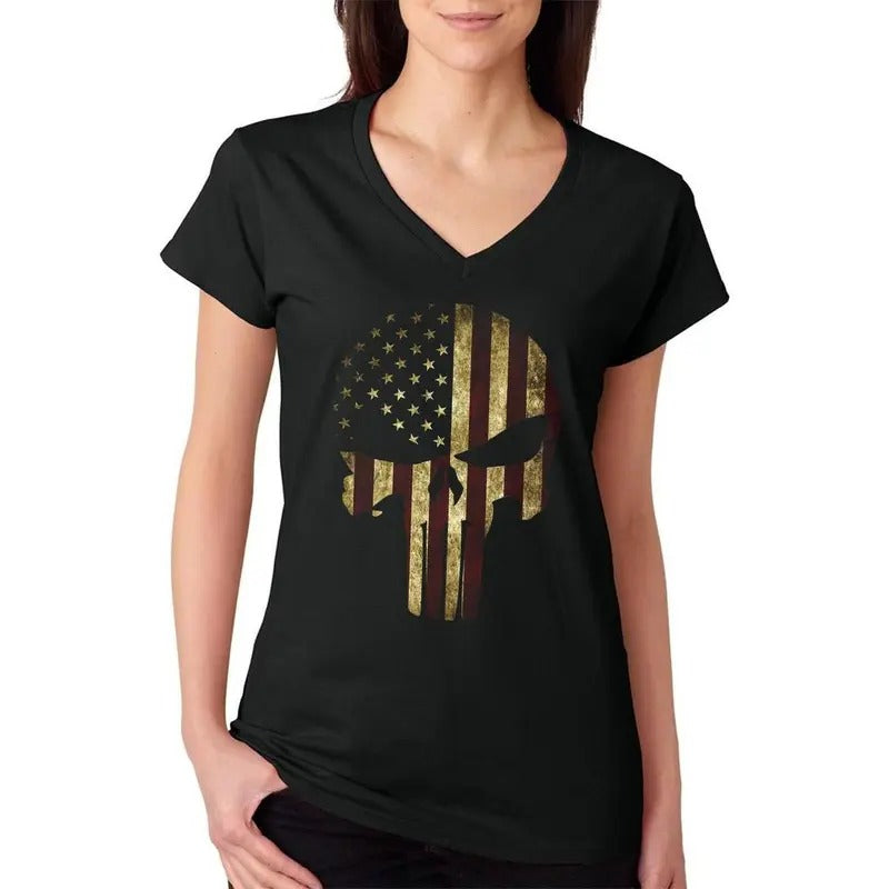 USA Flag Skull Patriotic Women's V-Neck T-Shirt Casual Comfort Hoodie, Sweatshirt | HypeDripTees.com
