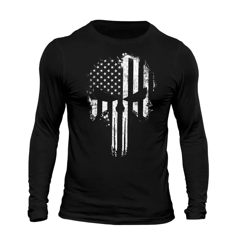 USA Flag Tactical B&W Skull Long Sleeve Men's T-Shirt Casual Classic Hoodie, Sweatshirt | HypeDripTees.com