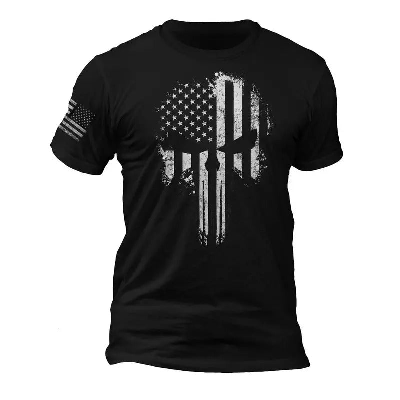 USA Patriotic Shirt Tactical Desaturated Skull Flag on Sleeve Men's T-Shirt Hoodie, Sweatshirt | HypeDripTees.com