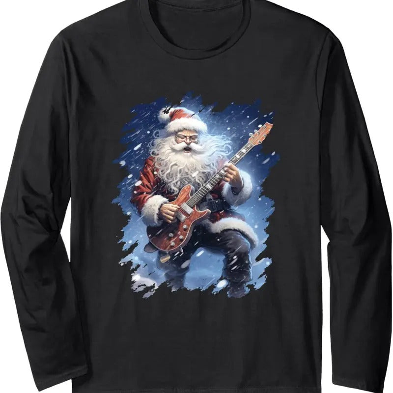 Ugly Christmas Sweater - Santa Claus Playing Guitar Long Sleeve T-Shirt Hoodie, Sweatshirt | HypeDripTees.com