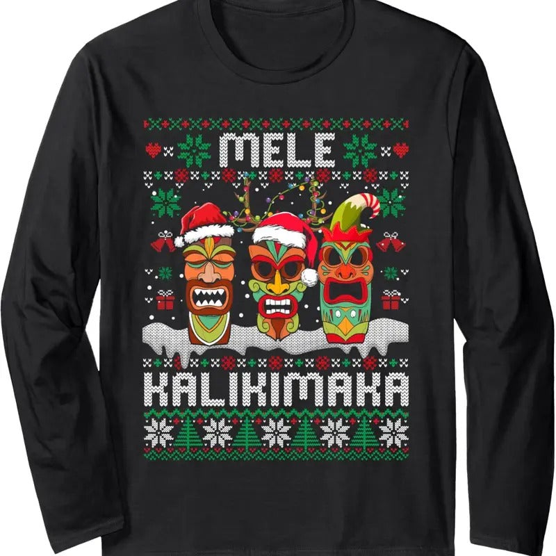 Ugly Christmas Sweater Mele Kalikimaka Hawaiian Xmas Pajamas Long Sleeve T-Shirt Hoodie, Sweatshirt | HypeDripTees.com