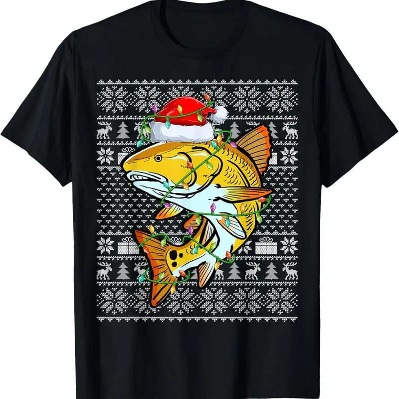 Ugly Sweater Style Xmas Lights Santa Redfish Christmas T-Shirt Hoodie, Sweatshirt | HypeDripTees.com