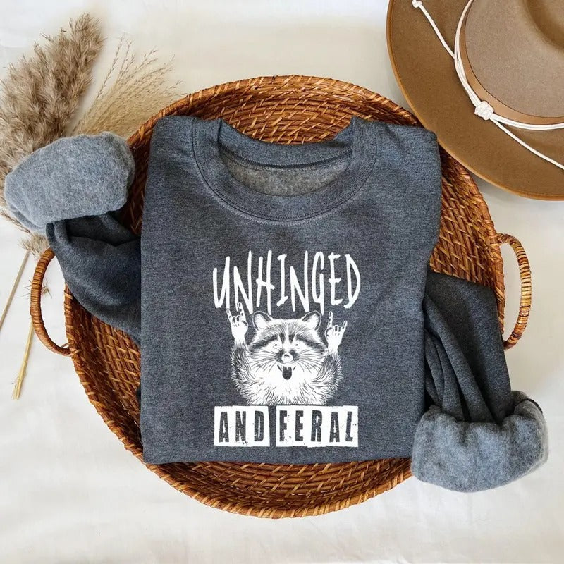 Unhinged and Feral Raccoon Sweatshirt, Retro Funny Raccoon sweater, Sarcastic Mental Health TShirt, Cute Feral Girl Tee,...