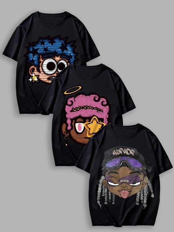 Unisex Cartoon Print Round Neck Tee, Men's Regular Fit Casual Fashion Short Sleeve T-shirt for Summer, Men's Top for...