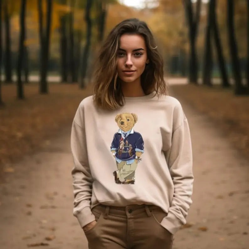 Unisex Casual Polo Bear Crewneck Tan Sweatshirt, Stylish Bear, Animal Sweater, Bear Lover Shirt Winter Sweatshirt Teddy...