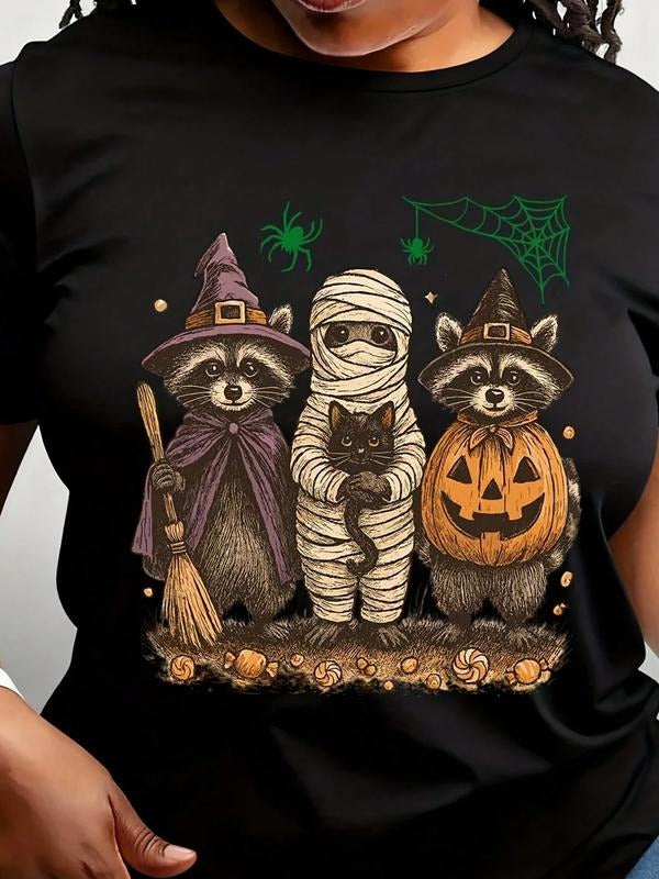 Unisex Halloween Animal Pattern Short Sleeve T-Shirt, Casual Fashion for Thanksgiving Celebration, Spring Summer Wear,...