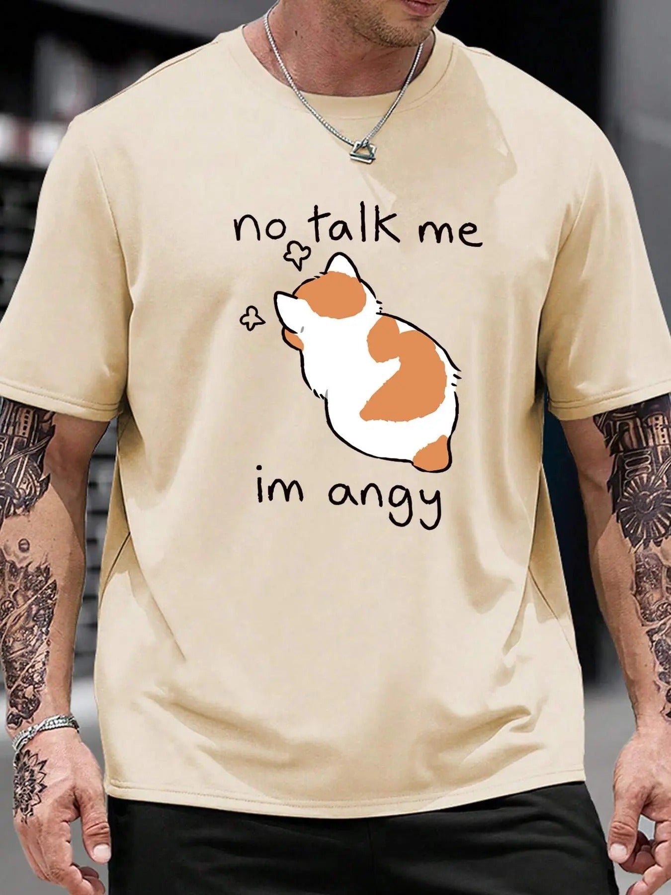 Unisex Men's "no talk me im angy" Letter & Cartoon Cat Print Round Neck Tee, Regular Fit Cute Fashion Casual Short Sleeve...