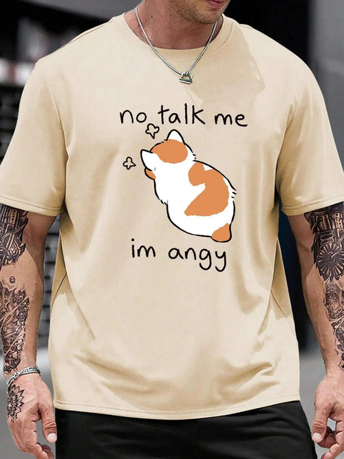 Unisex Men's "no talk me im angy" Letter & Cartoon Cat Print Round Neck Tee, Regular Fit Cute Fashion Casual Short Sleeve...