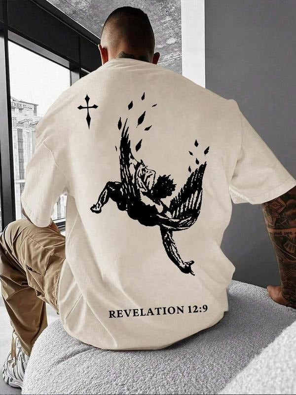 Angel & Letter Print Round Neck Drop Shoulder Loose Short Sleeve Crew Neck Casual Menswear Top Summer T-Shirts, Hoodie, Sweatshirt