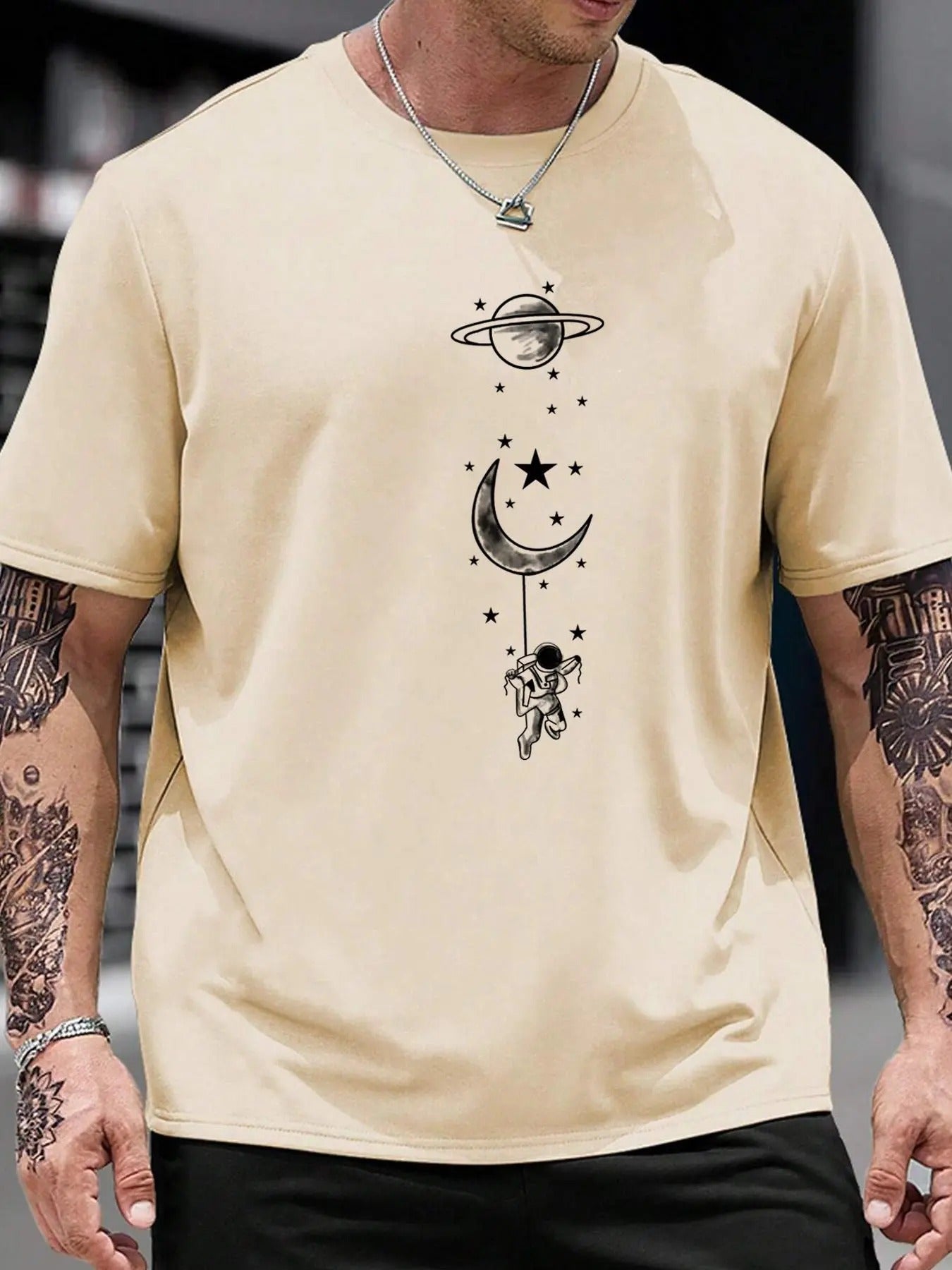 Unisex Men's Astronaut & Moon Print Round Neck Tee, Regular Fit Planet Print Short Sleeve T-shirt for Summer, Casual...