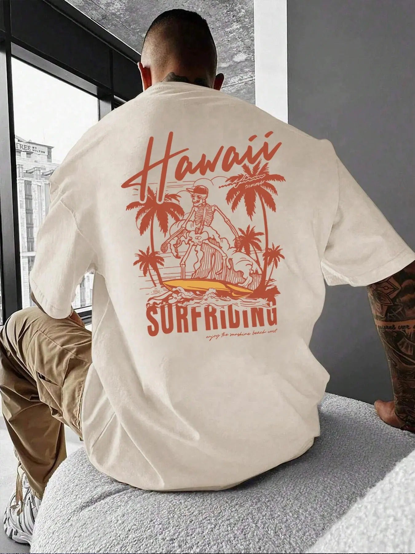 Unisex Men's Beach & Letter Print Round Neck Tee, Regular Fit Comfort Casual Graphic Short Sleeve Crew Neck T-Shirt for...