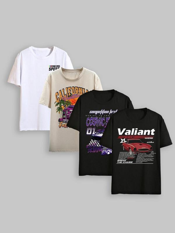 Unisex Men's Car & Letter Print Drop Shoulder Tee, Regular Fit Casual Street Short Sleeve Round Neck T-Shirt for Summer,...