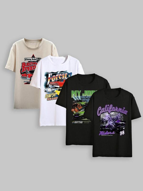Unisex Men's Car & Letter Print Drop Shoulder Tee, Regular Fit Casual Street Short Sleeve Round Neck T-Shirt for Summer,...