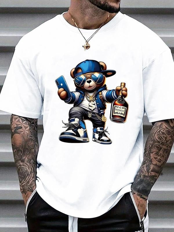 Unisex Men's Cartoon Bear Print Round Neck Tee, Regular Fit Casual Crew Neck Short Sleeve T-shirt, Comfy Knitting Top for...