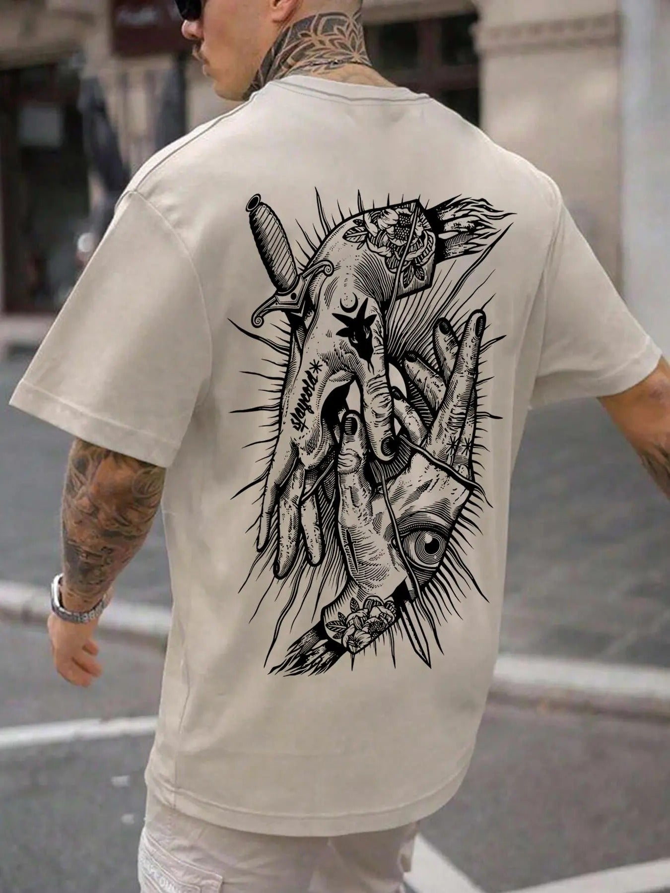 Unisex Men's Cartoon Hands Print Drop Shoulder Round Neck Tee, Regular Fit Street Casual Crew Neck Short Sleeve T-Shirt...