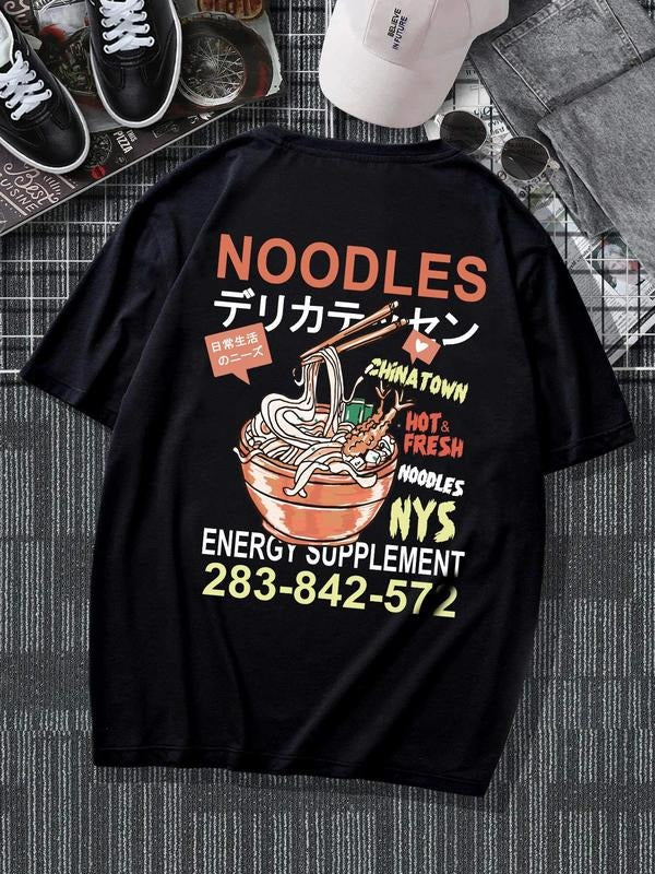 Unisex Men's Cartoon Noodle & Letter Print Round Neck Tee, Casual Short Sleeve T-shirt for Summer, Fashion Men's Top for...