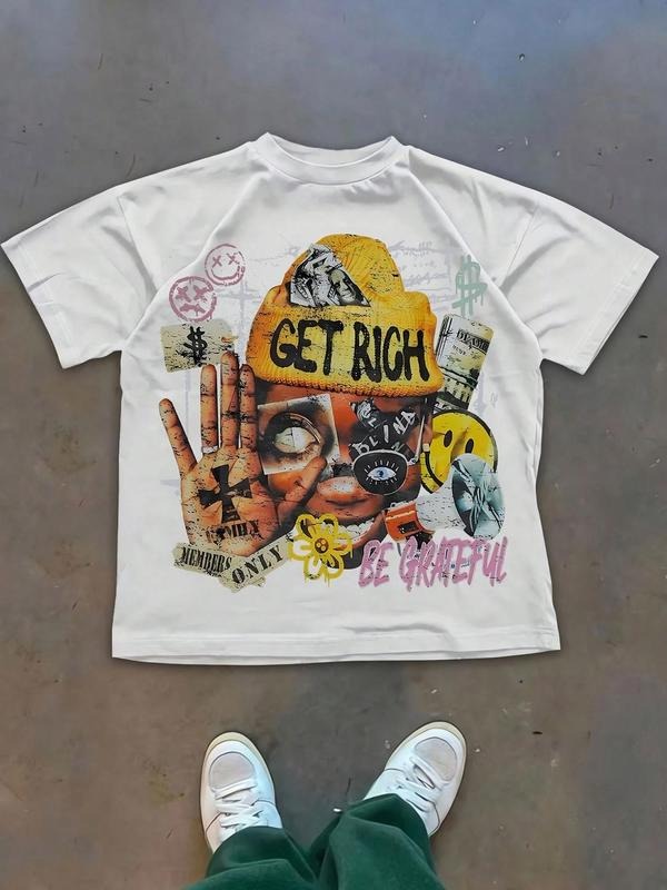 Unisex Men's Graphic Print Round Neck Tee, Regular Fit Casual Fashion Short Sleeve T-shirt for Summer, Men's Top for...