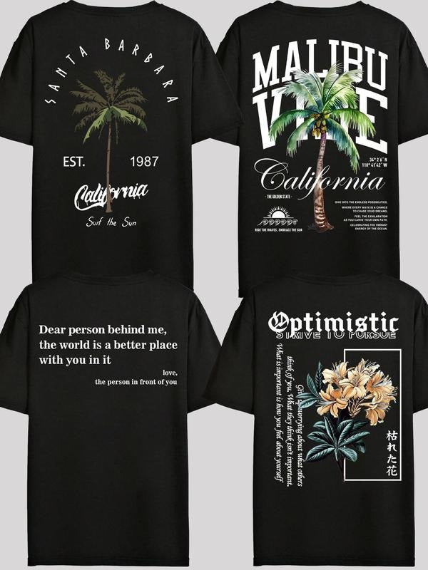 Unisex Men's Letter & Coconut Tree Print Round Neck Tee, Regular Fit Street Fashion Crew Neck Short Sleeve T-shirt, Comfy...
