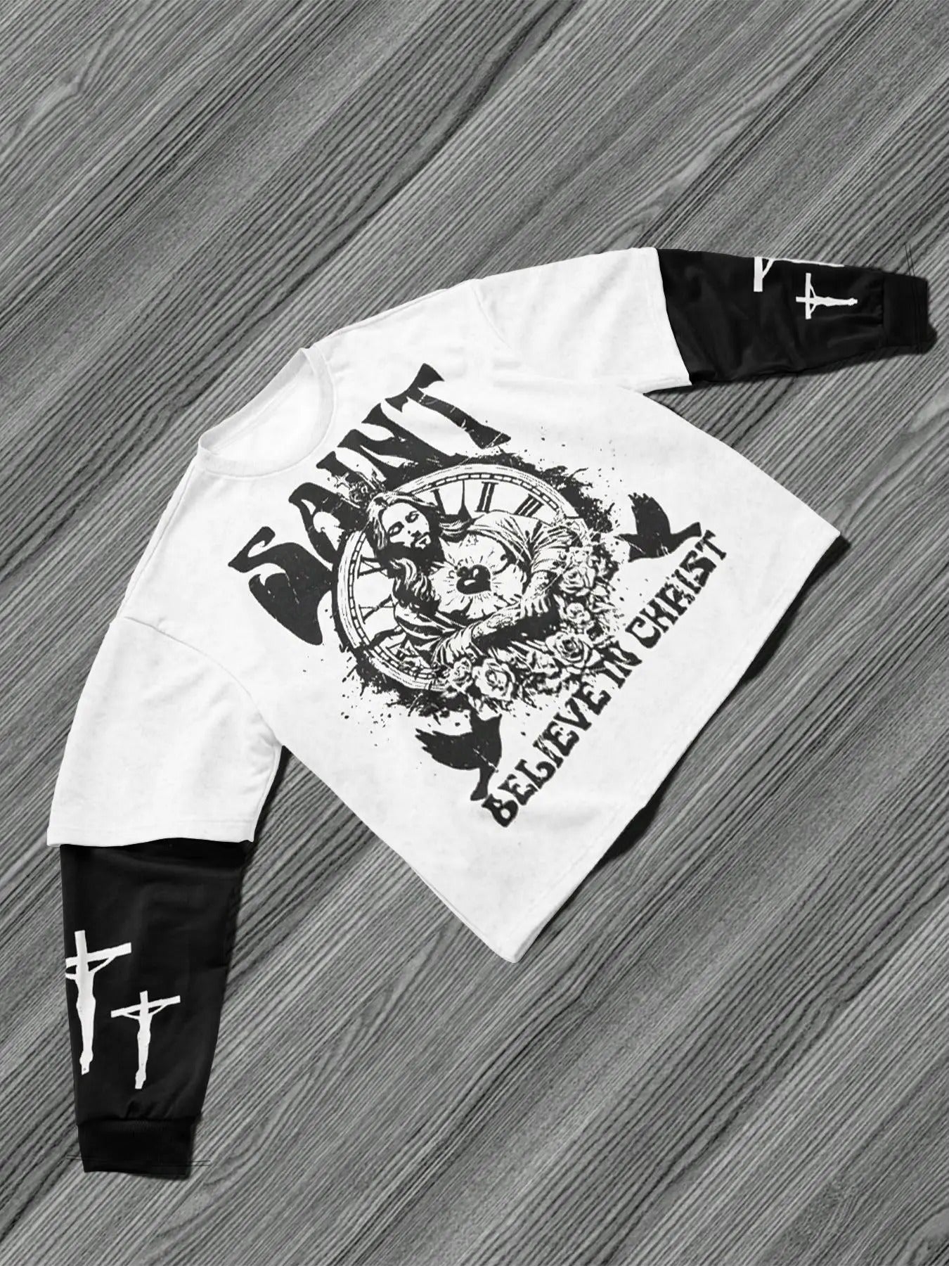 Unisex Men's Letter & Cross Print Long Sleeve Graphic Tee, Casual Street Regular Fit T-shirt for Daily Wear, Unisex Top...