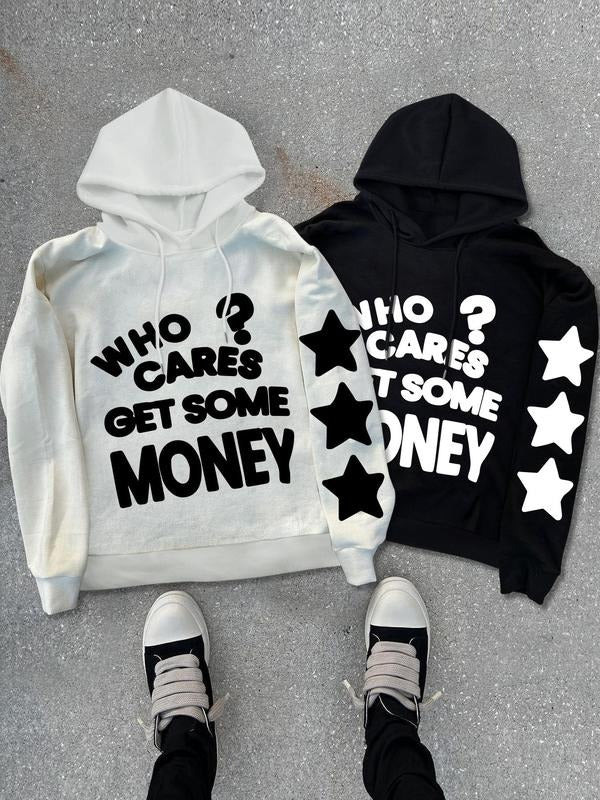 Unisex Men's Letter & Stars Print Drawstring Hoodie, Street Fashion Kangaroo Pocket Hooded Sweatshirt for Daily Holiday...