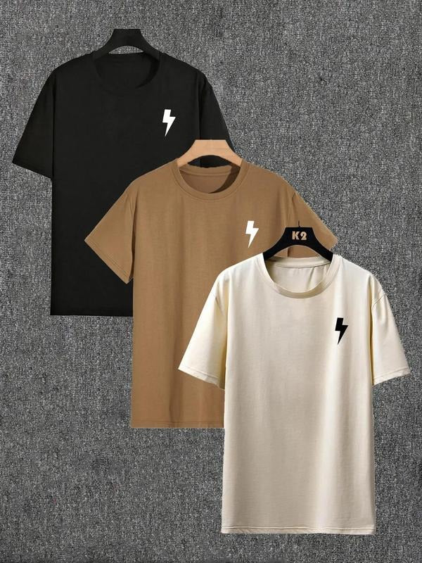 Unisex Men's Lightning Print Round Neck Tee, Regular Fit Casual Street Drop Shoulder Short Sleeve T-Shirt for Summer,...