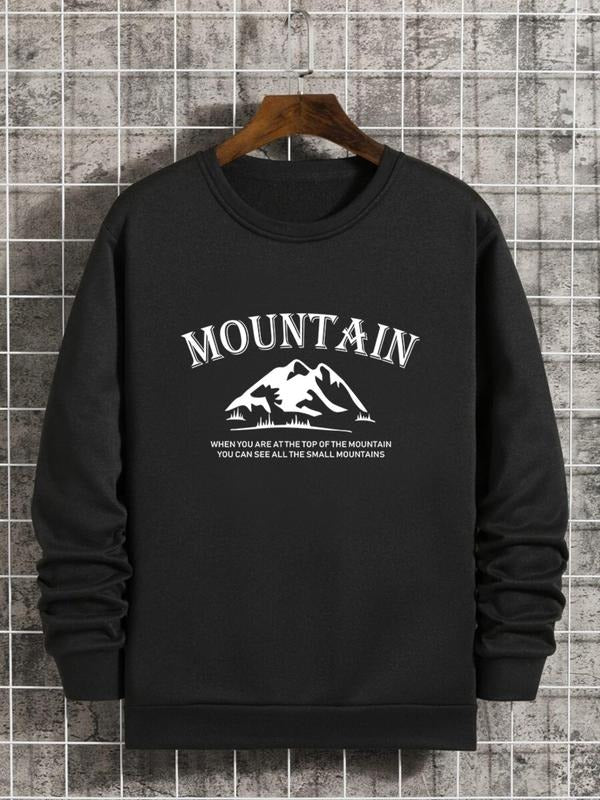 Unisex Men's Mountain Print Drop Shoulder Round Neck Essentials Sweatshirt, Fashion Casual Regular Fit Letter Print Long...