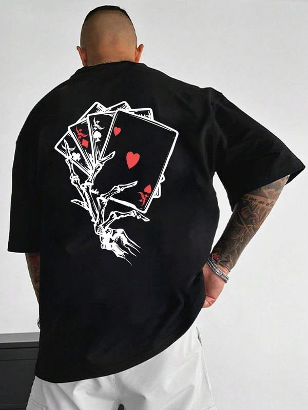 Unisex Men's Playing Card Print Drop Shoulder Tee, Regular Fit Casual Comfy Short Sleeve Round Neck T-Shirt for Summer,...