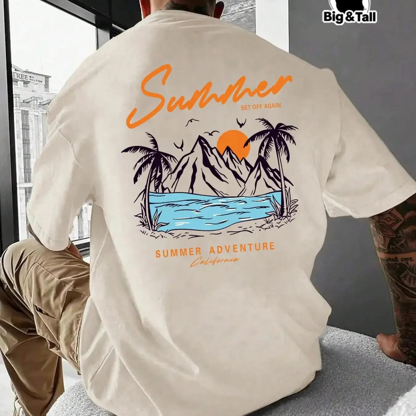 Unisex Men's Plus Size Landscape Print Drop Shoulder Tee, Loose Casual Comfy Letter Print Round Neck Half Sleeve T-shirt...